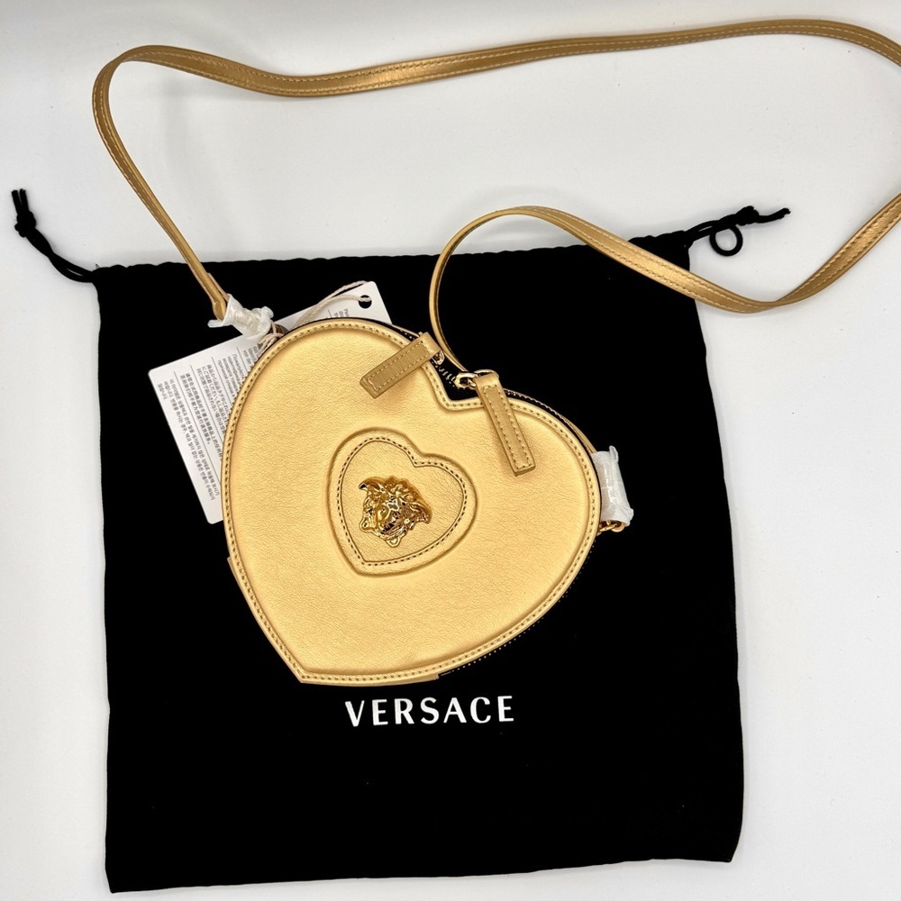 NWT Versace Heart Medusa Crossbody Strap Bag Gold Leather Kids Purse Logo Plaque